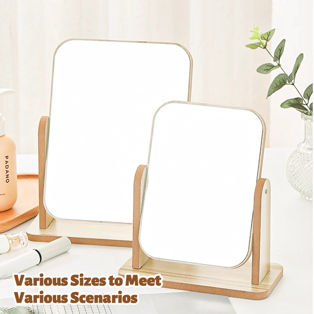 (Ready Stock) Wooden Desk Mirror Single-Sided Makeup Mirror High-Definition Swivel Foldable Mirror Cermin Meja 梳妆台镜子