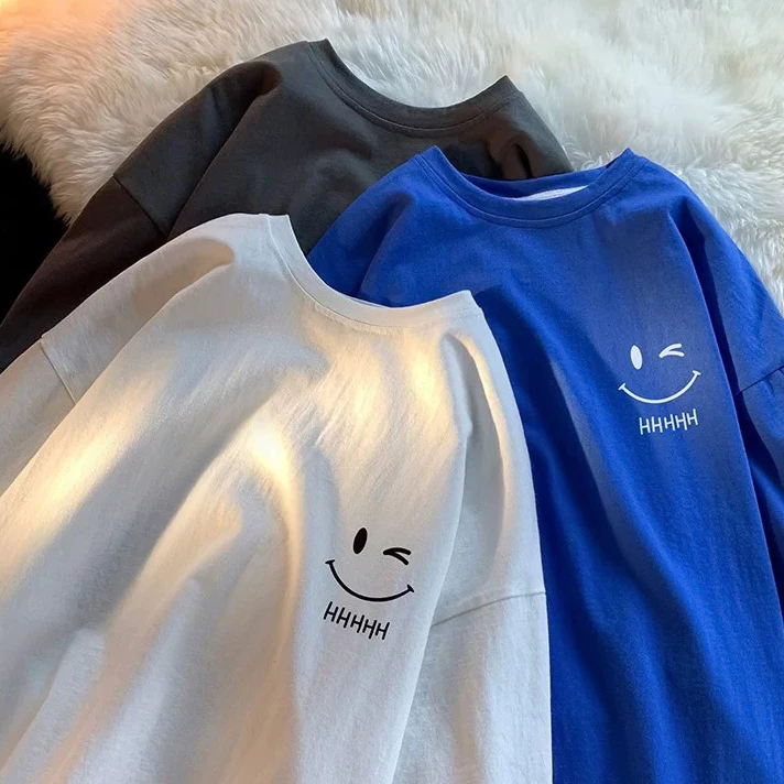 Men's Smiling Face Funny Fashion Couple Short Sleeved T-shirt American Heavyweight Basic Simple Oversized Loose Boys'