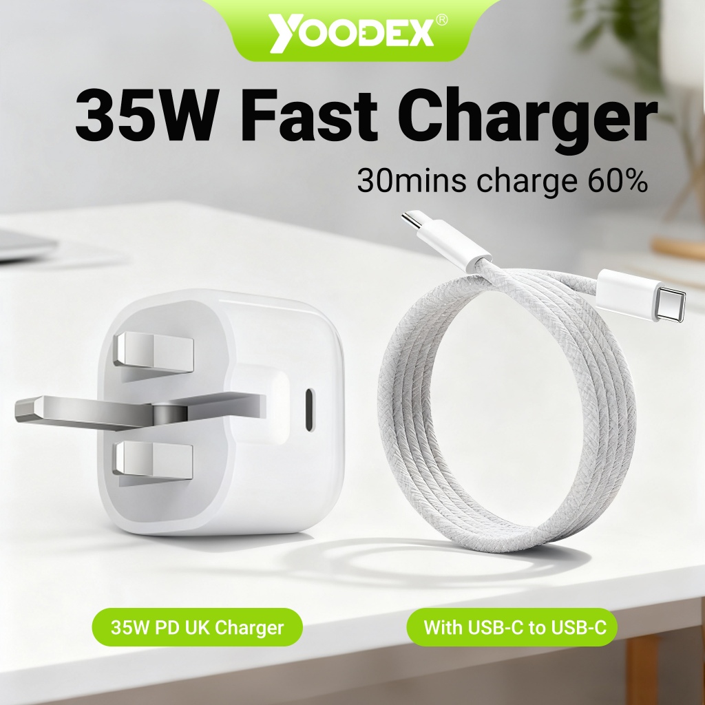 YOODEX Pengecas Pantas 35W PD 5X Lebih Laju Cepat Selamat Dan Berkualiti Tinggi Dengan Kabel USB Type C 3 Pin 1