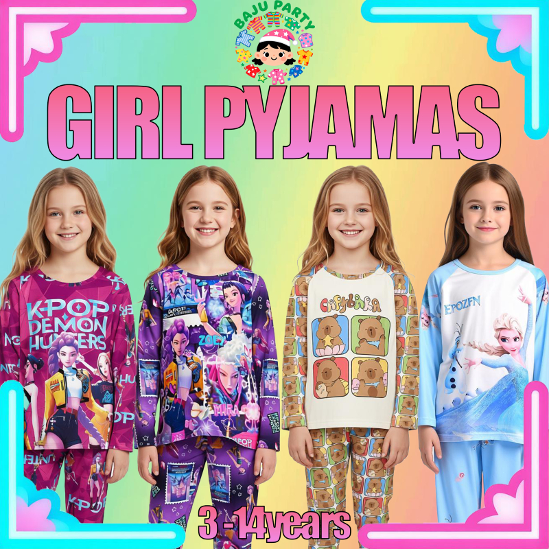 Girls Long - Sleeved Cartoon Pyjamas Baju Tidur Cotton Budak Perempuan Sleepwear Set Baju Tidur Anak