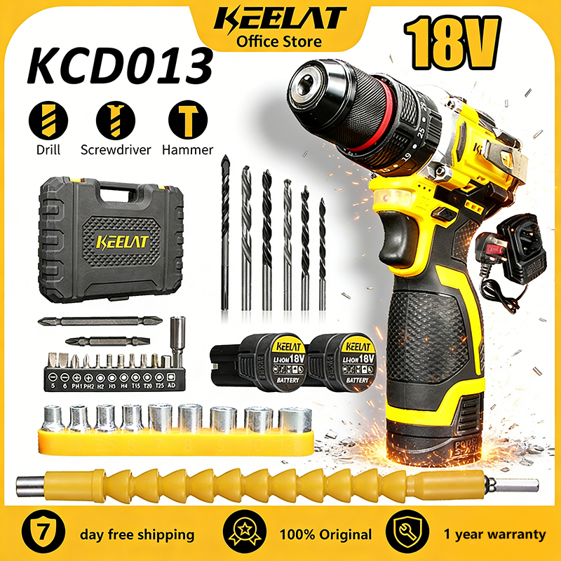KEELAT 18V Cordless Impact Drill Hammer Drill Wall Drill Screwdriver Brushless Motor With Lateset Metal Ratchet Chuck