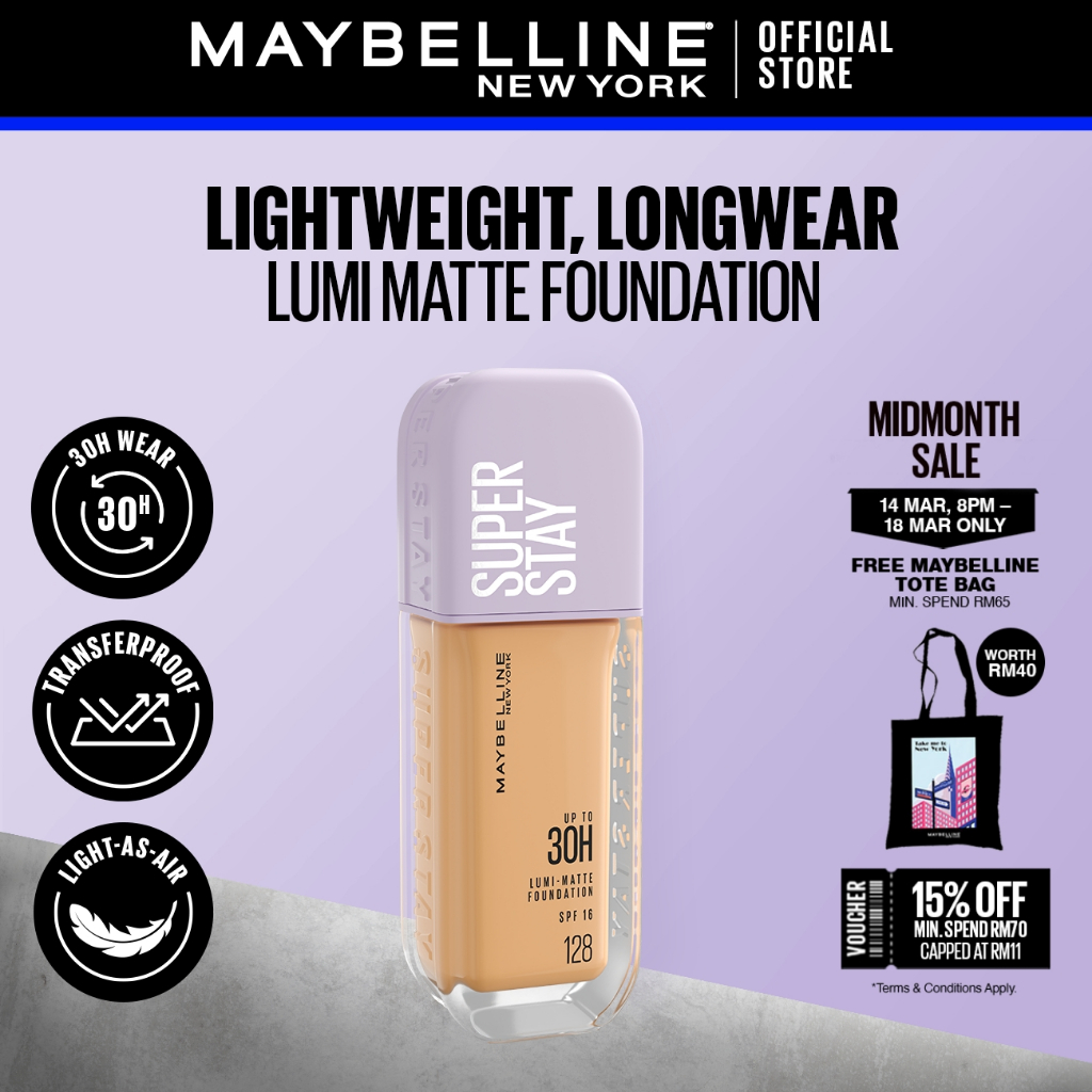 Maybelline Super Stay Lumi-Matte Foundation - 30H Longwear Light-as-Air Lightweight Waterproof Full Coverage