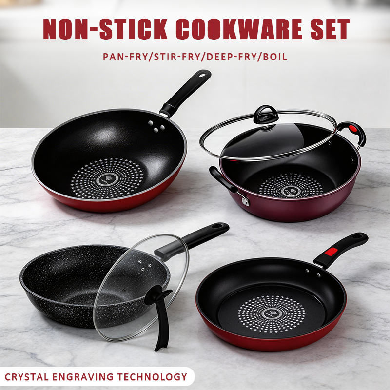 Non-Stick Cookware Set Wok Pan Soup Pot with Lids Induction Gas Electric Stove Compatible Heat Resistant Easy Clean