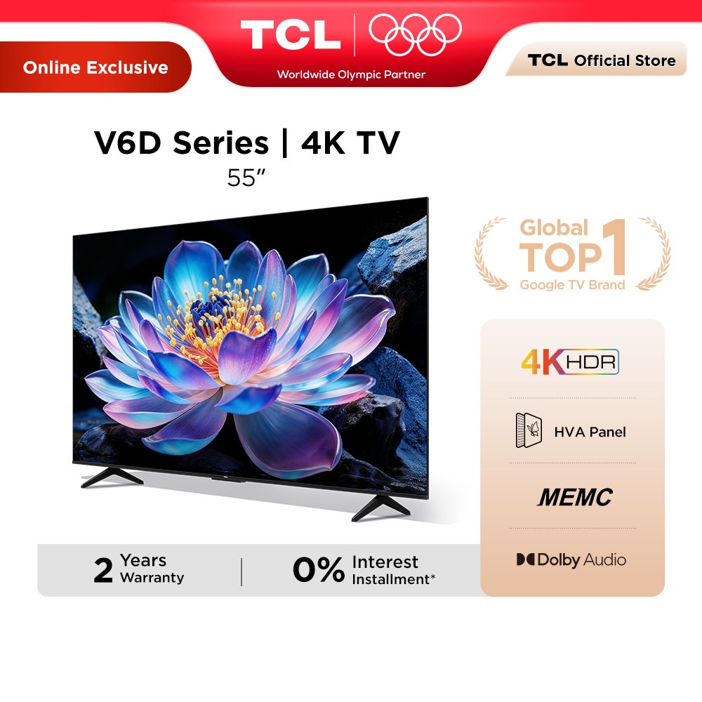 TCL 55 Inch 4K Google TV with HDR 10, Dynamic Color Enhancement, MEMC, HVA Panel, Dolby Audio Televisyen 55V6D