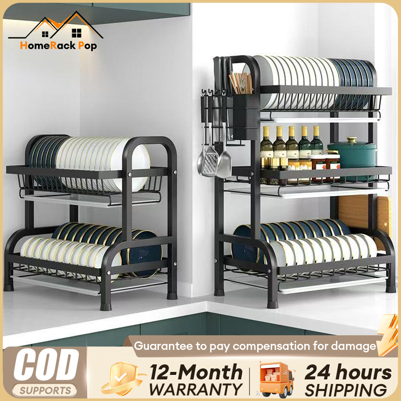Dish Rack 2-3Tier Rak Pinggan Dish Drainer Stainless Steel Dish Storage Rak Sinki Utensil Organizer