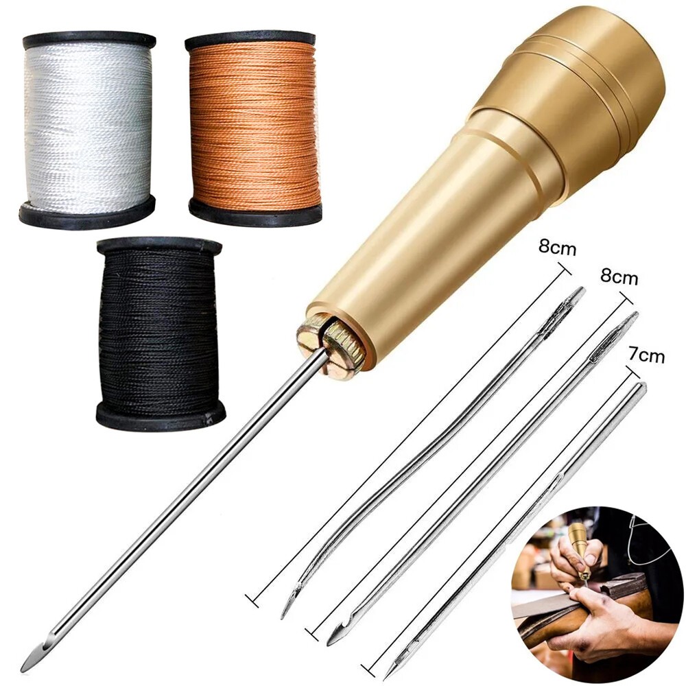Leather Sewing Kit Jarum Jahit Kasut Kulit Leather Sewing Awl Needle With Copper Handle Hand Sewing Needle Kit