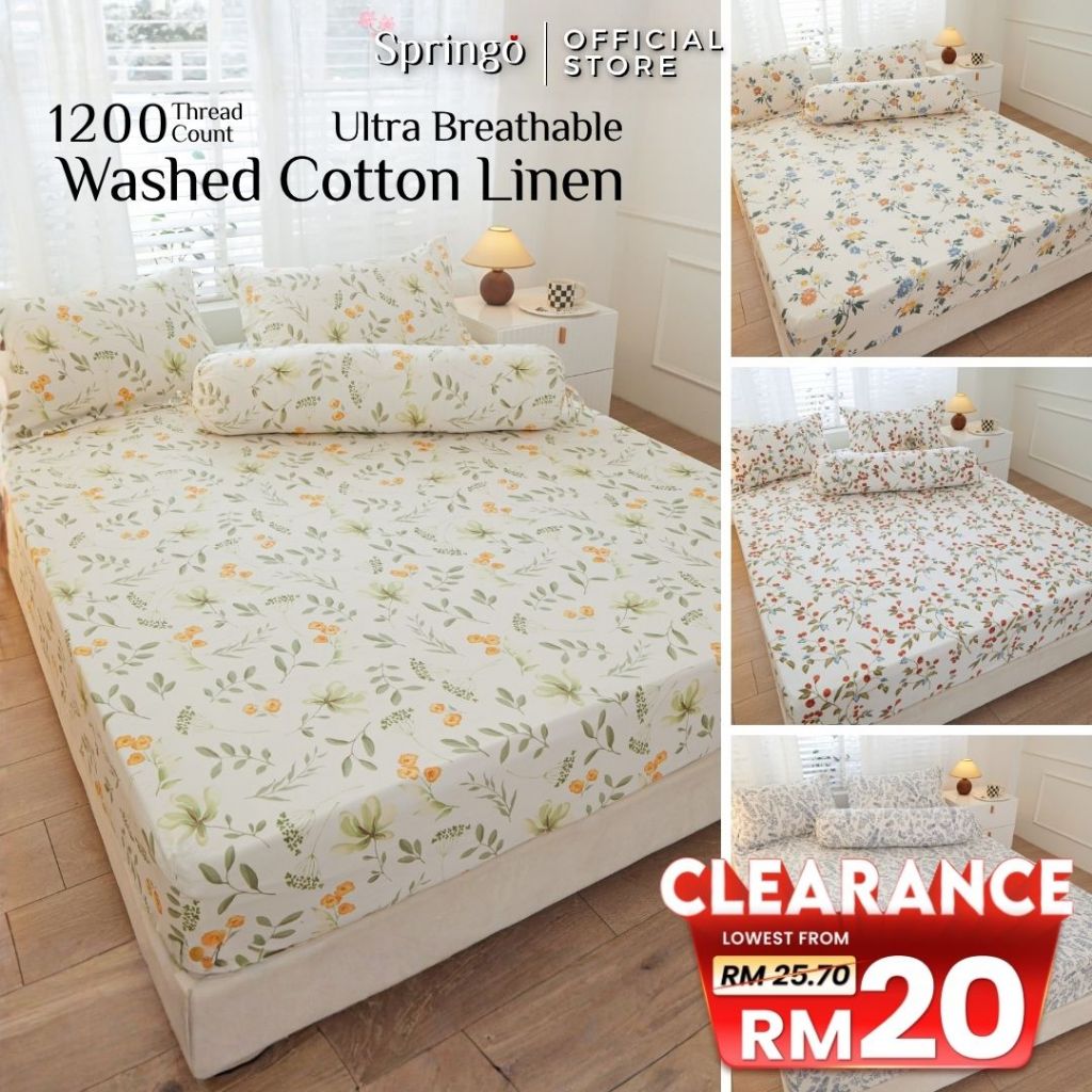 SPRINGO 1200TC Washed Cotton Linen Bedsheet Queen Single King Pillow Case Cadar Keliling Murah BBU