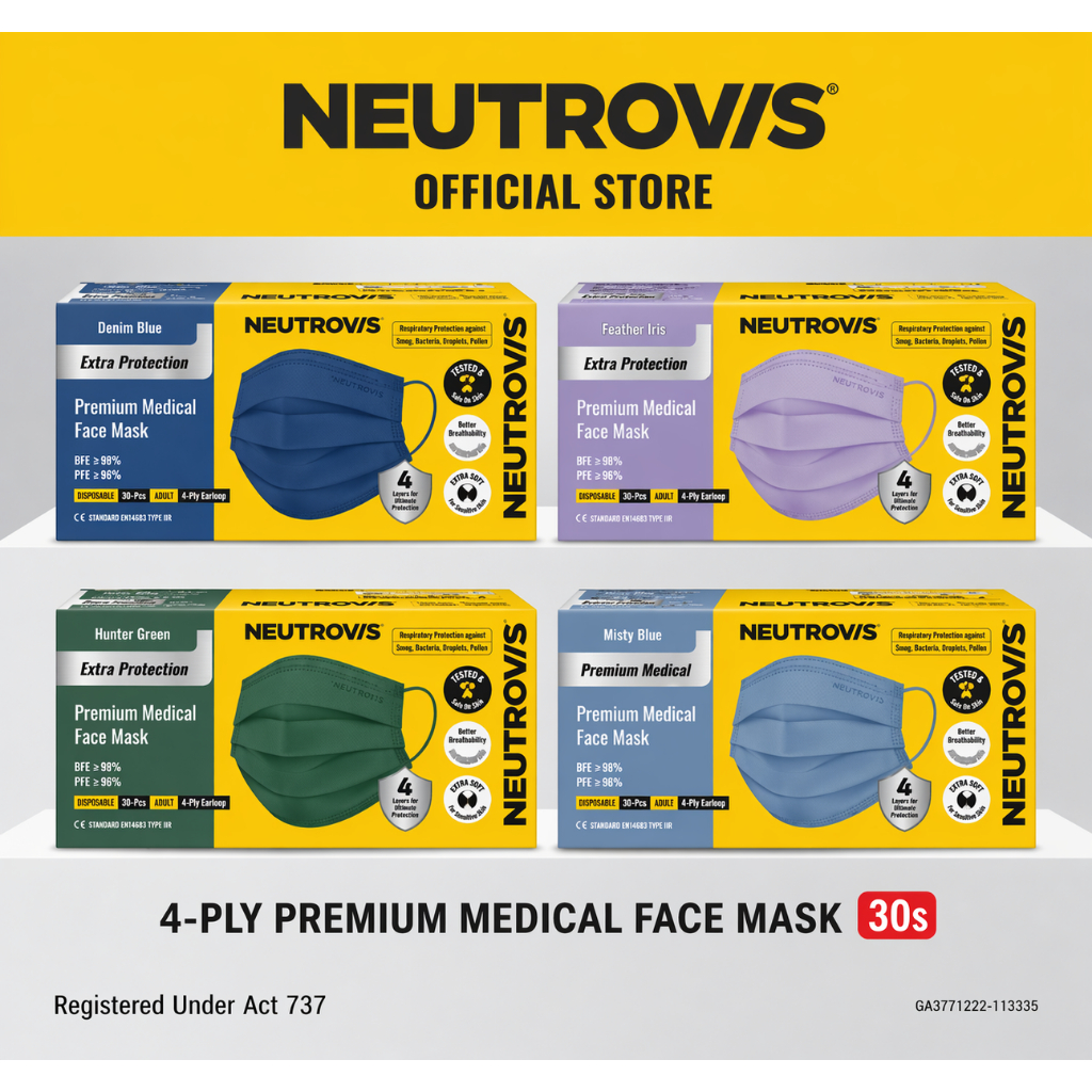Neutrovis 4-Ply Adult Premium Medical Face Mask 30s (Multiple Colours Available)