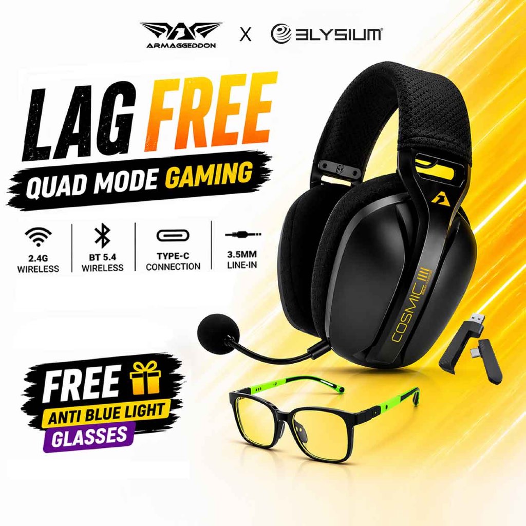Armaggeddon Cosmic III Wireless Gaming Headset Detachable Mic Bluetooth 5.4 | USB-C | Free Anti Blue Light Glasses