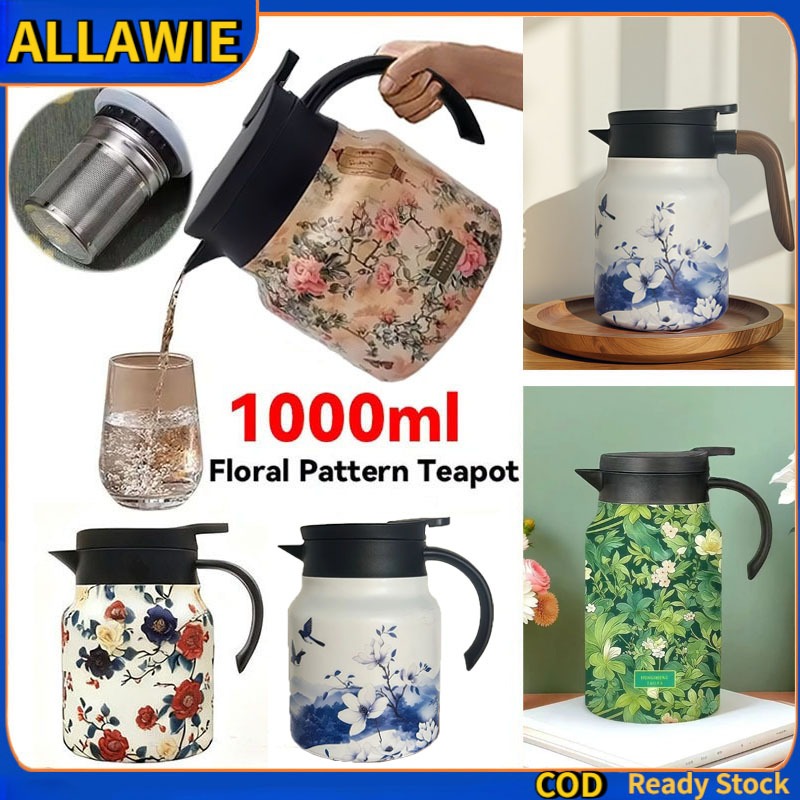 1000/1500ML Floral Pattern Insulated Bottle 316 Stainless Steel Thermos Vintage-Style Teapot (with Tea Strainer)