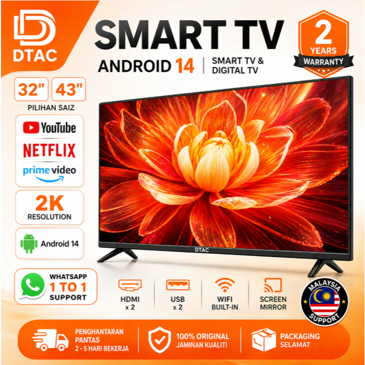 Tv Pintar Dtac Televisyen Smart LED 55 Inch Netflix  Hdmi Usb Android Goggle Tempred Glass Tv Murah