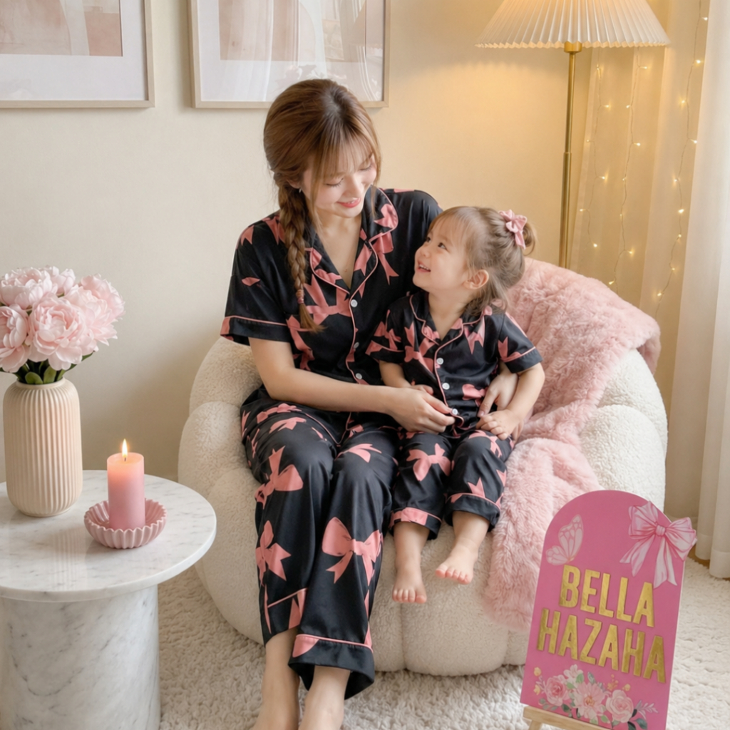 (BELLAHAZAHA) (LENGAN PENDEK)(1) SET PYJAMAS BUTTON SEDONDON IBU DAN ANAK, BAJU TIDUR