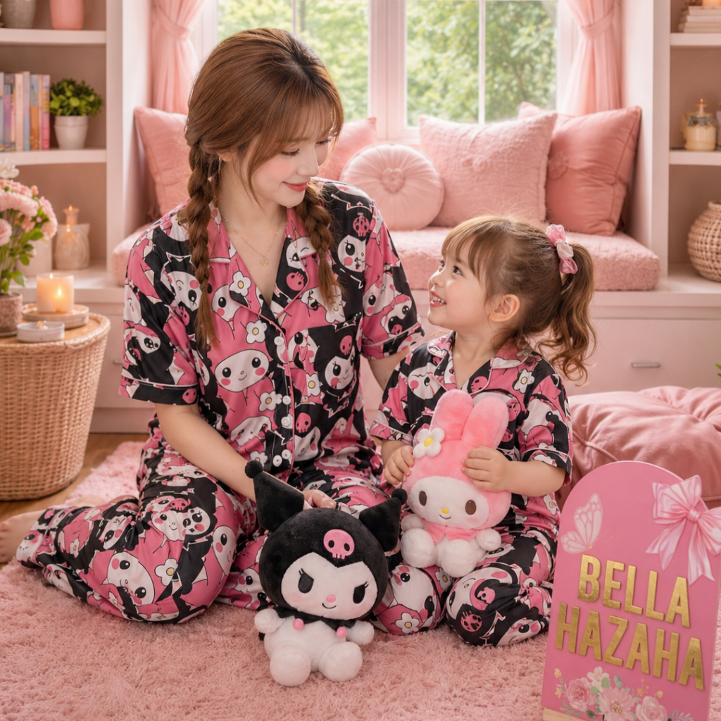 (BELLAHAZAHA) (LENGAN PENDEK)(2) SET PYJAMAS BUTTON SEDONDON IBU DAN ANAK, BAJU TIDUR