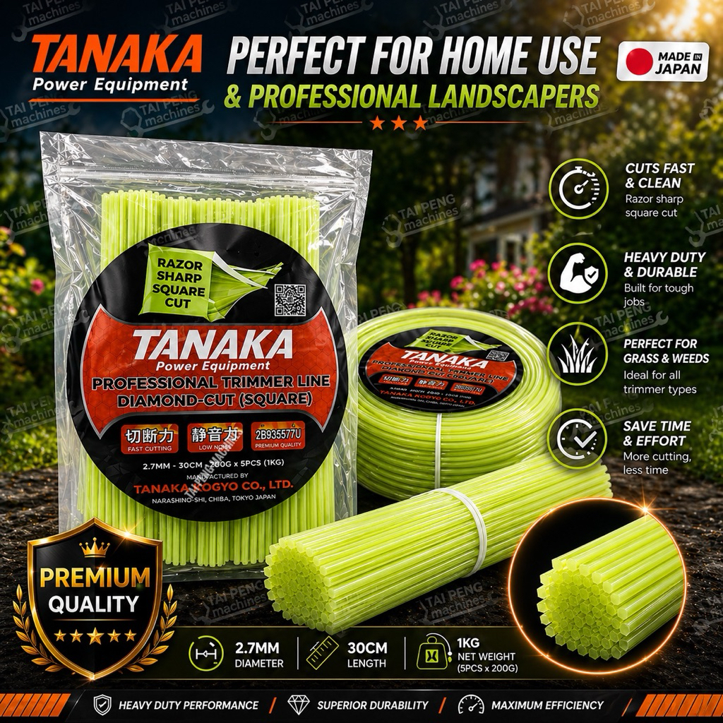 Made in Japan TANAKA 1KG 2.4mm Razor Diamond Cut Nylon Trimmer Line Tali Potong Mesin Rumput Tajam