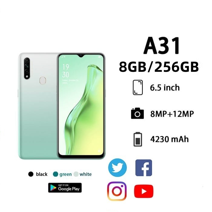 A31 (8GB RAM + 256GBROM)6.5 Inch Smartphones Android 9.0 version With FullSet 1 Year Warranty