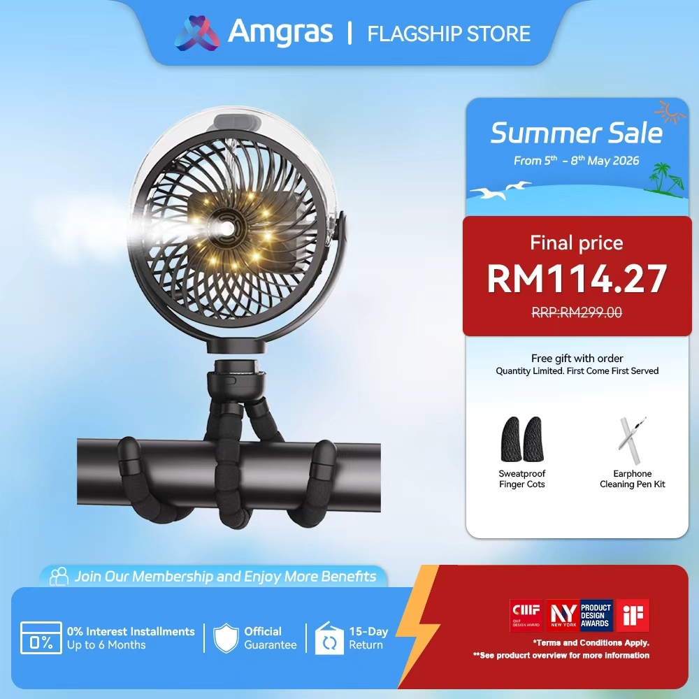 Amgras Stroller Baby Portable Mini Fan Rechargeable 9 Leds/Ultra Quiet/Flexible Tripod/55 Hours (6000mAh)
