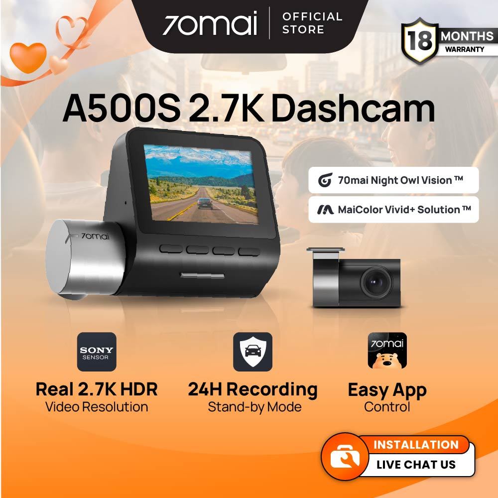 70mai A500s Dash Cam 2.7K Resolution + HDR | Built-in GPS & ADAS | Night Owl Vision | App Control | Loop Recording