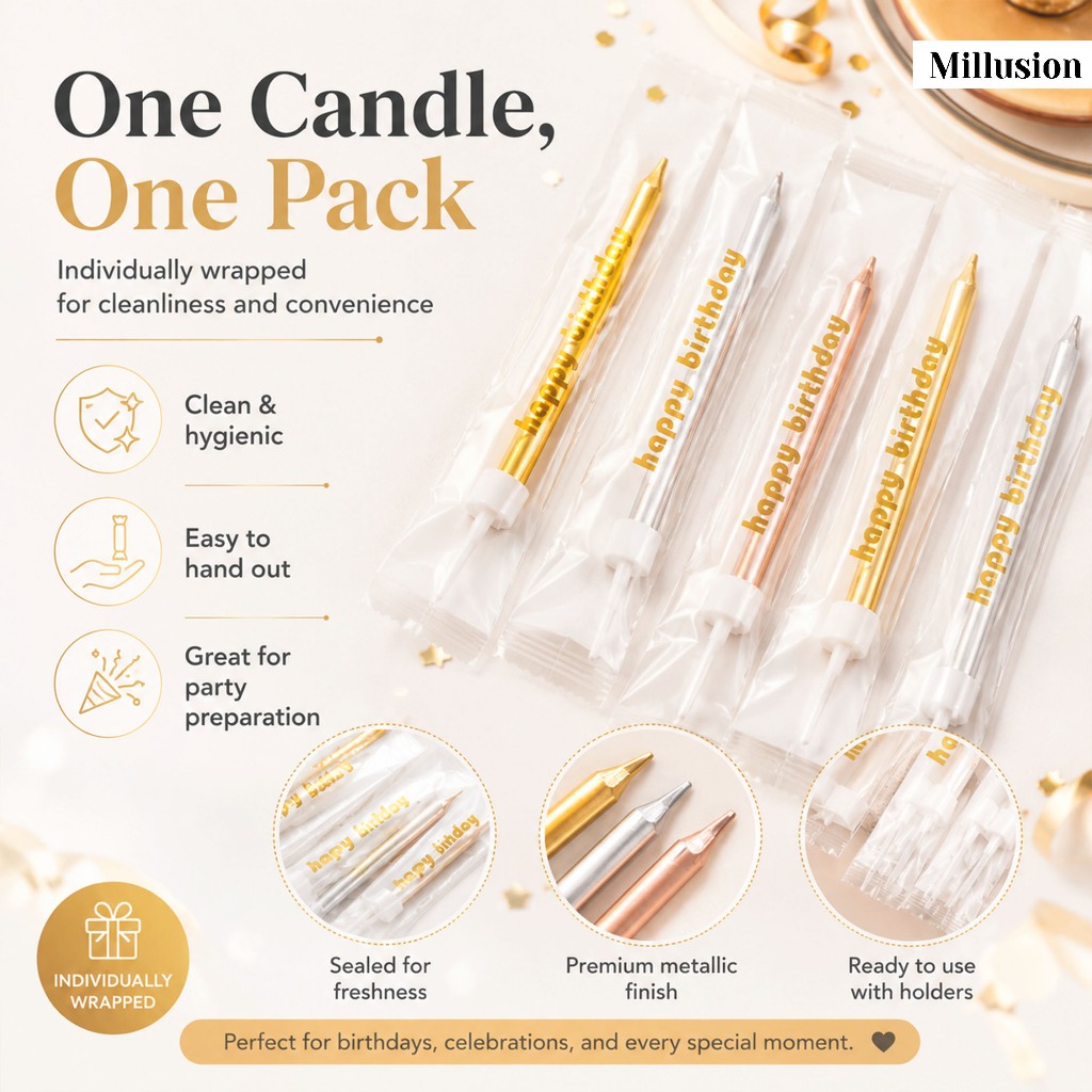 1 Pc Premium Metallic Birthday Party Candles – Individually Wrapped Cake Candles with Holders for Clean & Elegant