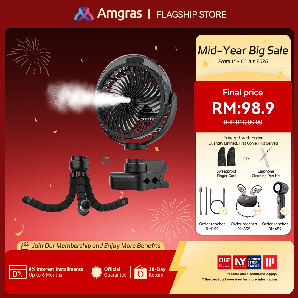 Amgras Stroller Baby Portable Mini Fan Rechargeable 9 Leds/Ultra Quiet/Flexible Tripod/55 Hours (6000mAh)