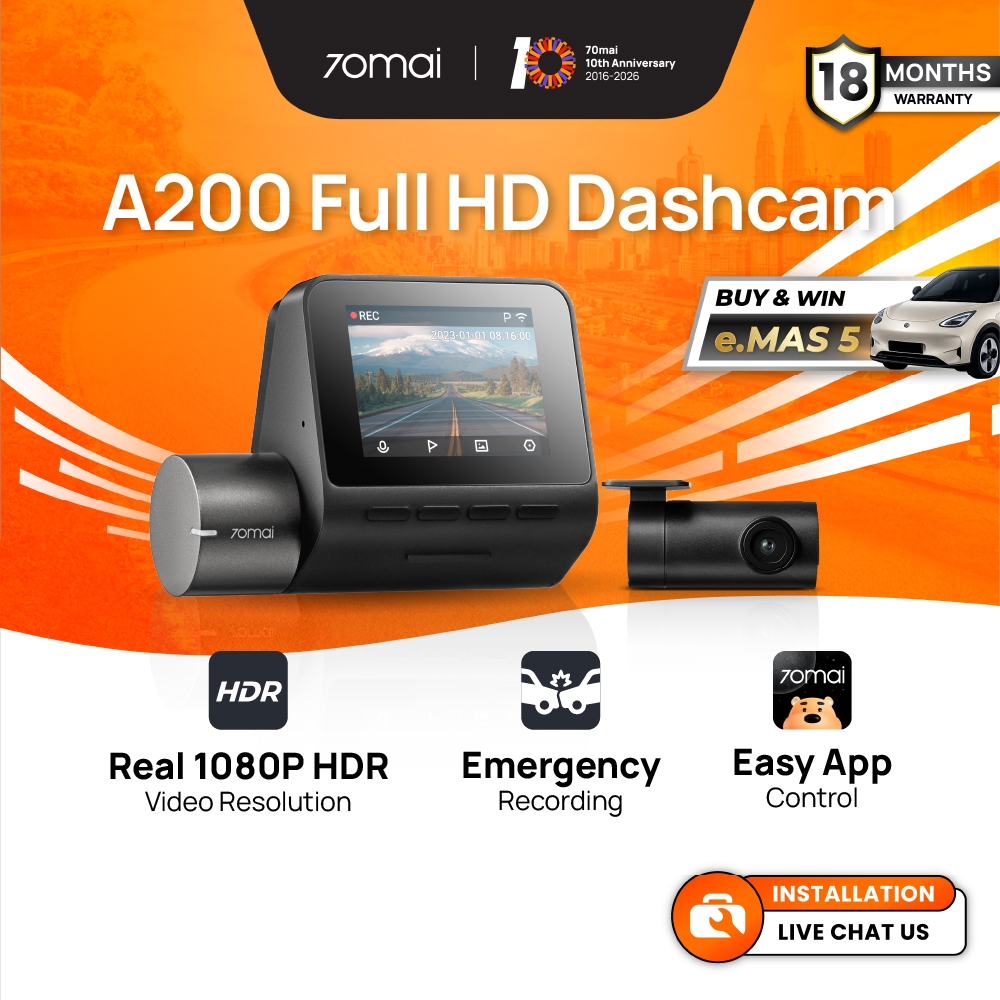 70mai A200 Dashcam 1080P Full HD Resolution + HDR | Dual Channel Recording | App Control | 24H Parking Surveillance |