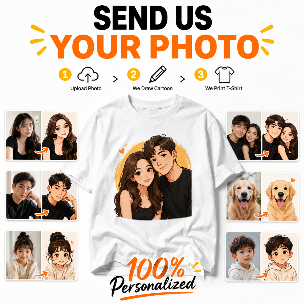 Custom Cartoon Portrait T-Shirt | Personalized Photo Tee Gift for Family, Couples & Friends