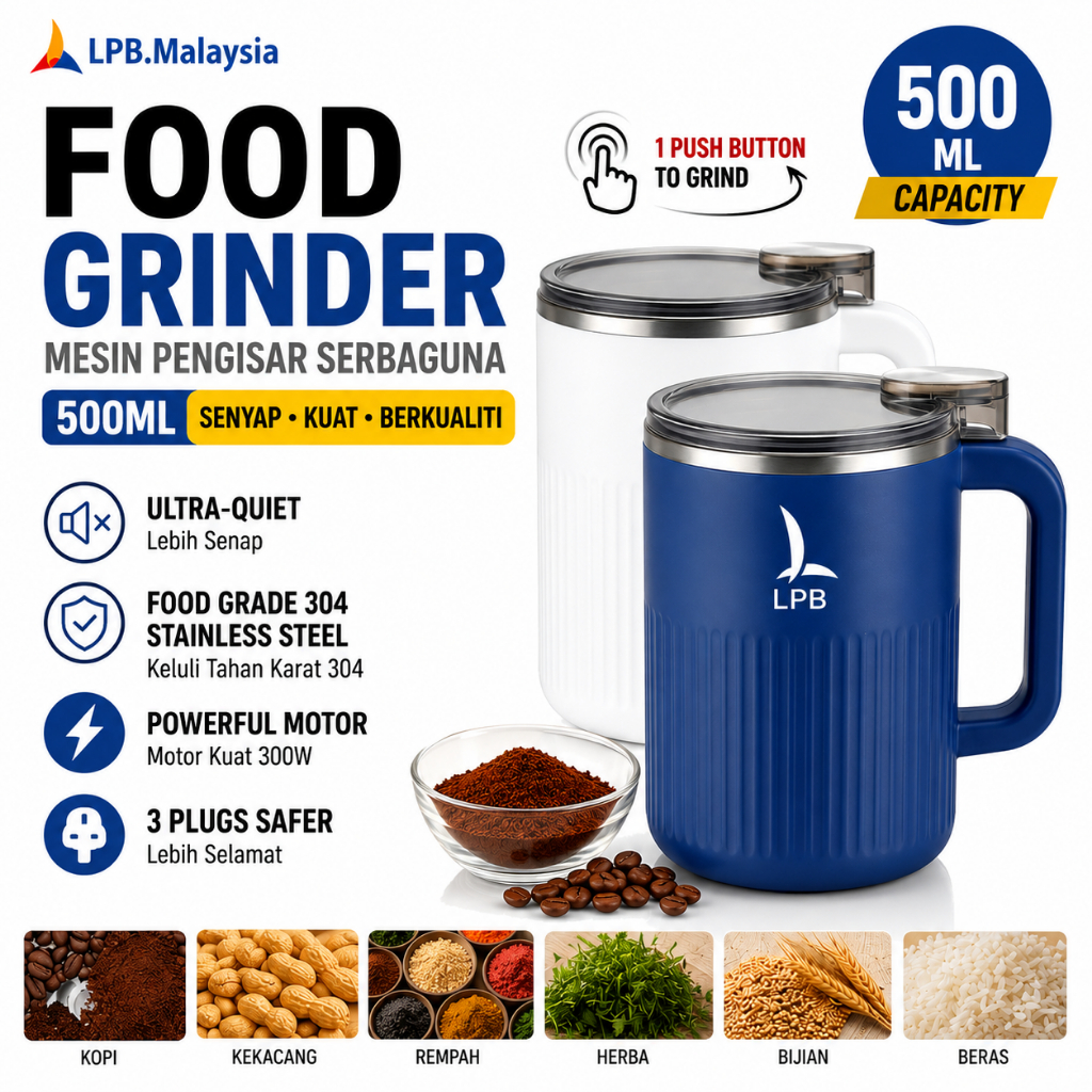 500ML Multi-Function Blender 300W Turbo Grinder – Detachable Stainless Steel Cup (Wet & Dry) | Mesin Pen