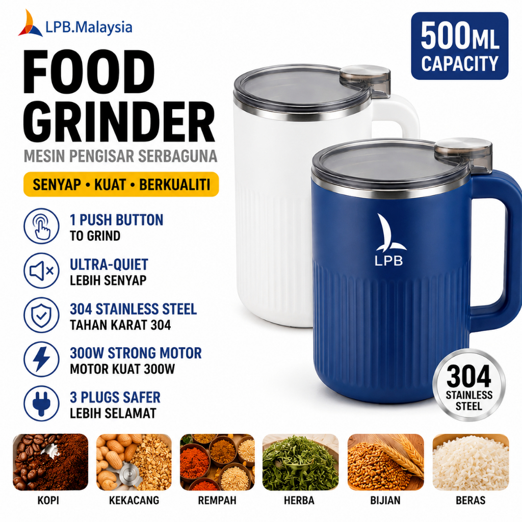 300W Portable Food Grinder 500ML – Stainless Steel Multi-Purpose Blender for Coffee & Spices | Ready Stock | Mesin Pengi