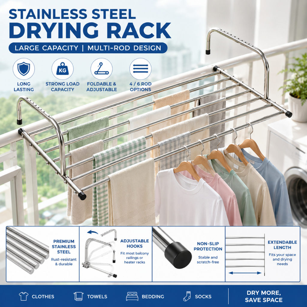 LOWEST PRICE 6 Poles Stainless Steel Extendable Foldable Towel & Clothes Drying Rack Indoor Outdoor