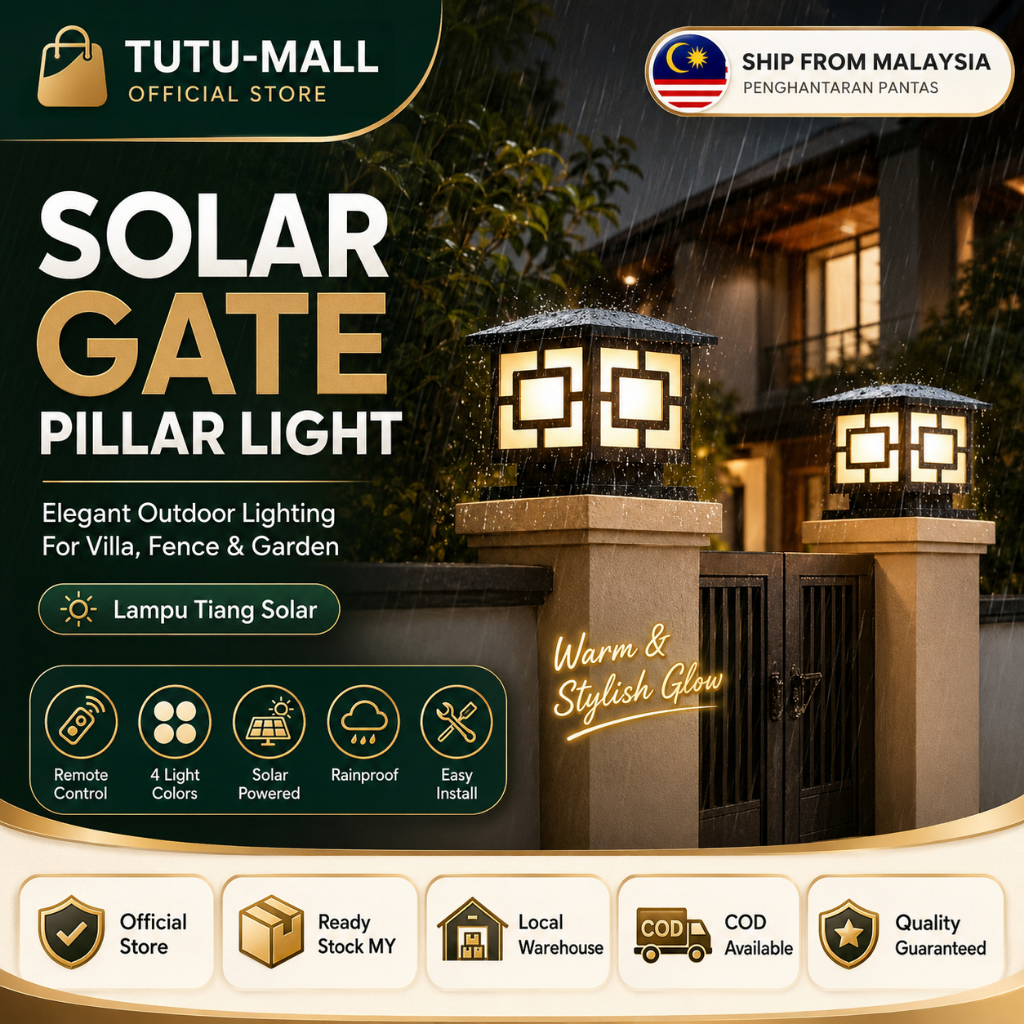 Solar Gate Pillar Light Lampu Pagar Solar Outdoor Rainproof 4 Color LED Remote Control Garden Fence Villa Pillar Lamp