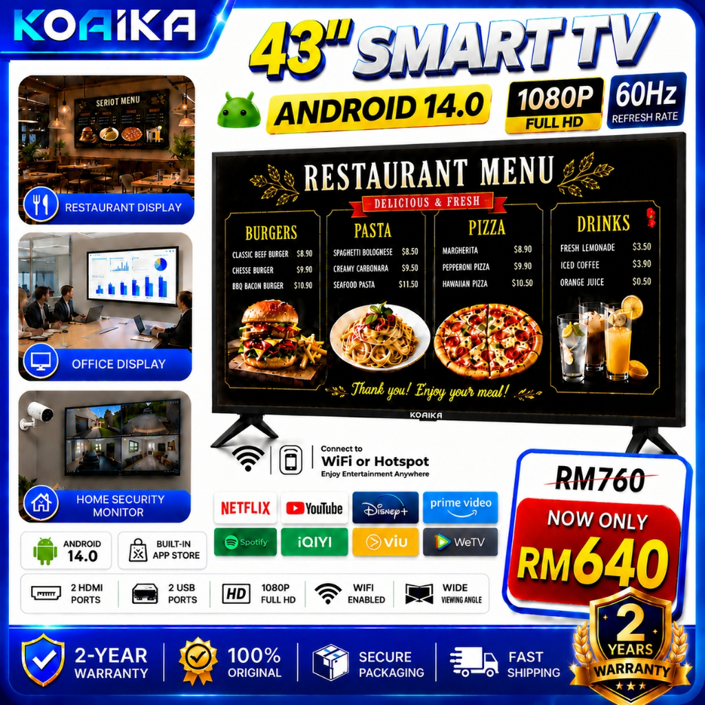 Smart TV 43" TV Pintar KOAIKA Frameless TV FHD android tv led Telivision monitor WiFi DVBT2 all apps Netflix/MYTV/Disney