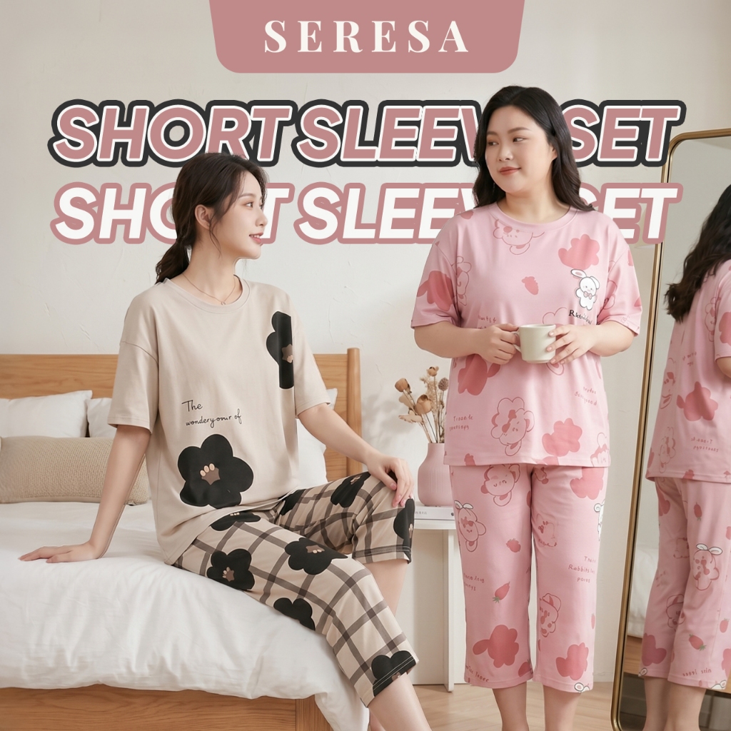 Pyjamas Set Women Adults Baju Tidur Wanita Plus Size Cartoon Short Sleeve Comfy Homewear Sleepwear