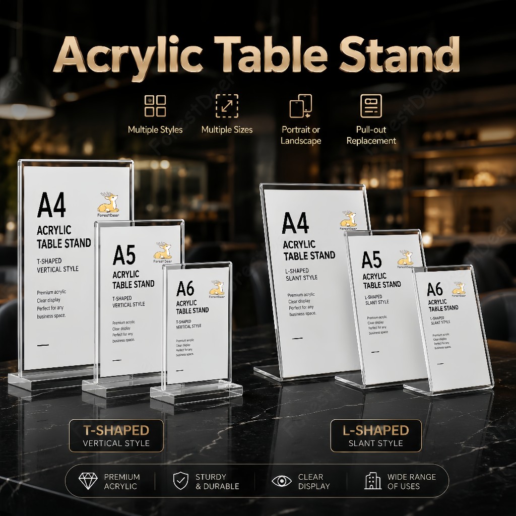 Ready Stock A4 A5 A6 Clear Acrylic Table Tent L/T Double Sided QR Menu Price Card Holder Stable Base Cafe Restaurant COD
