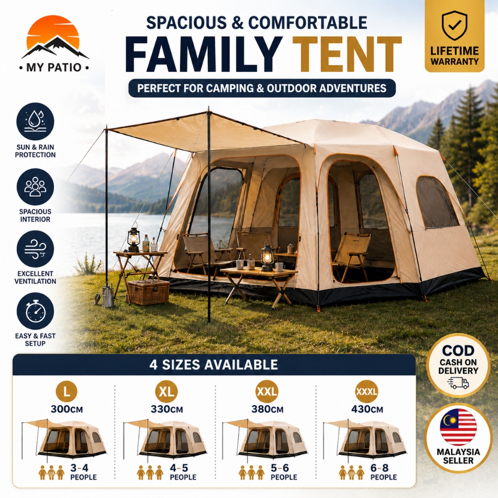 Khemah Unta Large Camping Tent Waterproof Family Tents Double Layers Big Tent 2 rooms 8-12 Person Camping Tent