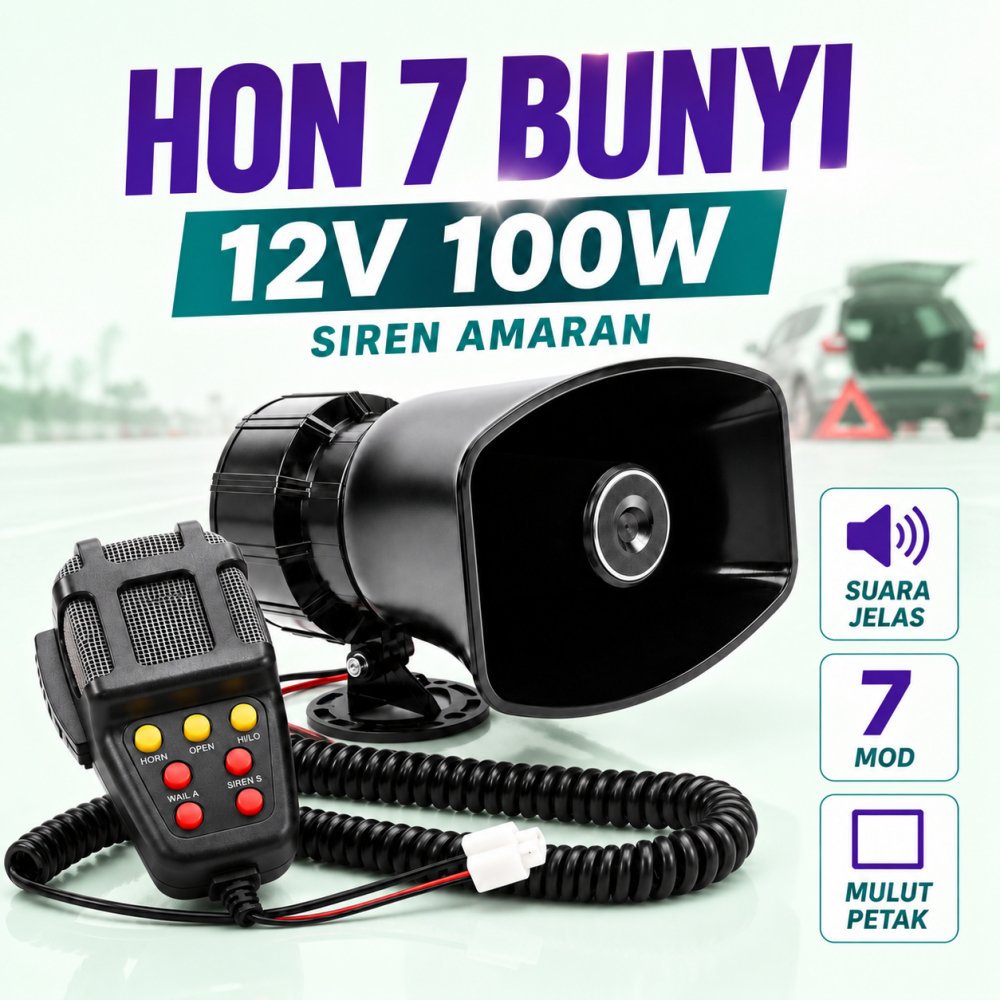 Siren Kereta Ready Stock 7 Bunyi 12V 100W Hon Amaran Mulut Petak Hitam Dengan Kawalan Untuk Pickup 4x4
