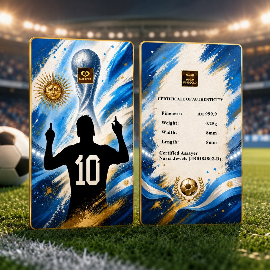Naria 999.9/24K Gold Bar 0.25gm Argentina Design Football Collection Pelaburan Emas Gold&hellip;