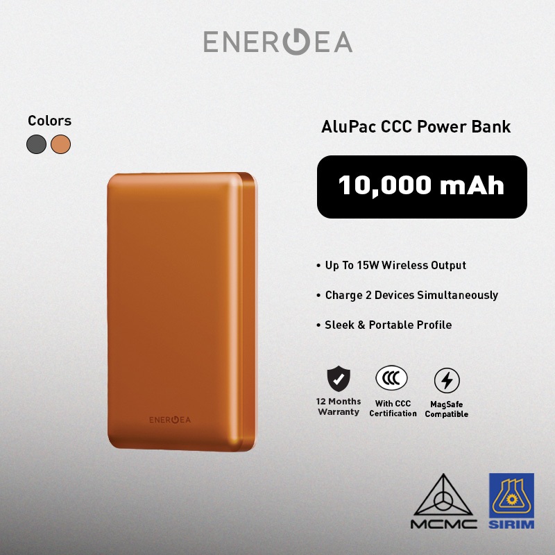ENERGEA AluPac CCC 10,000mAh Ultra Light Aluminium Magsafe Compatible Power Bank 3C - Orange/ Gunmetal