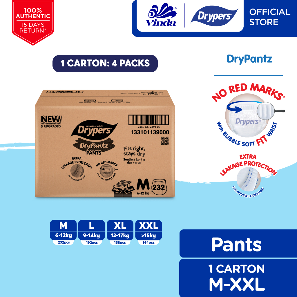 [Upgraded] Drypers DryPantz Baby Diapers M58/L48/XL42/XXL36 (4 packs) - Bubble Soft Fit Waist Baby Pants