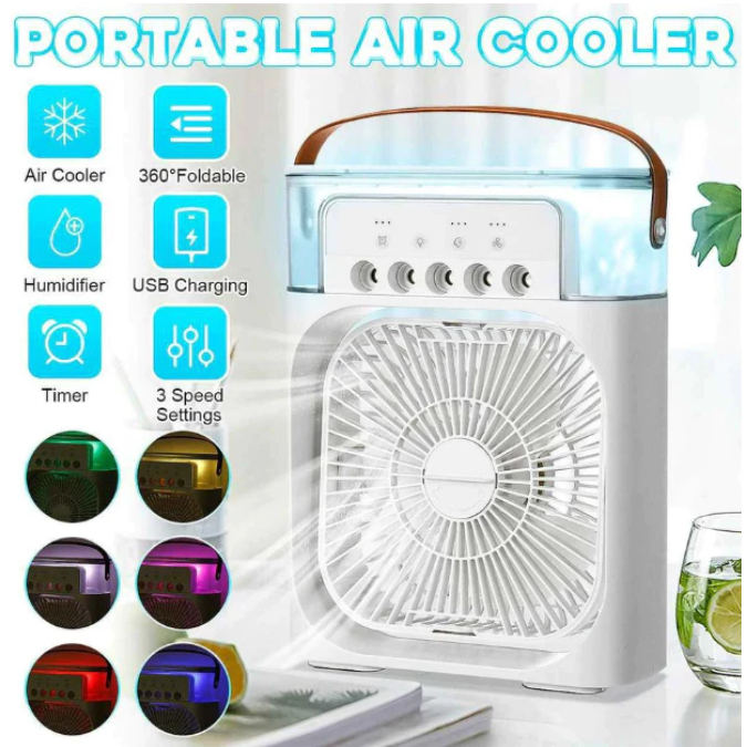 📣READY STOCK📣7 Color 3 in 1 USB Mini Portable Fan Portable Air Conditioner Air Cooler Fan USB Mist Table Fan Cooling Fan