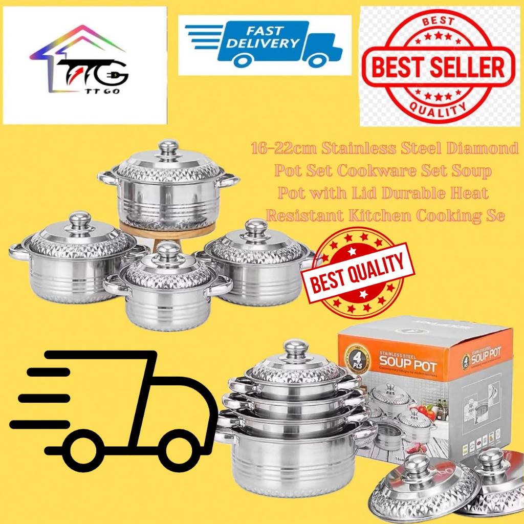 4pcs 16-22cm Stainless Steel Diamond Pot Set Cookware Set Soup Pot with Lid Durable Heat Resistant Kitchen Cooking Se