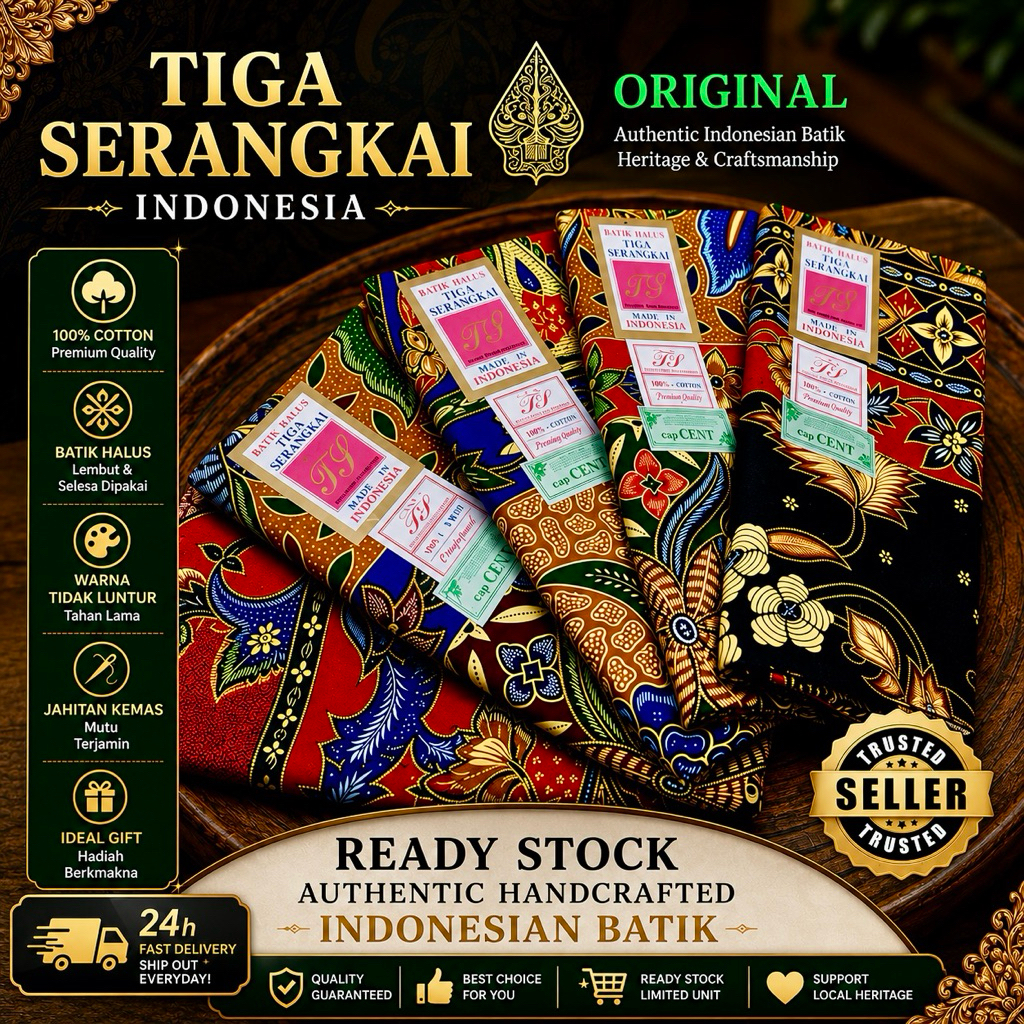 Kain Batik Tiga Serangkai Indonesia Siap Jahit (Original Asli) Kain Cotton Serap Air Berkualiti Premium