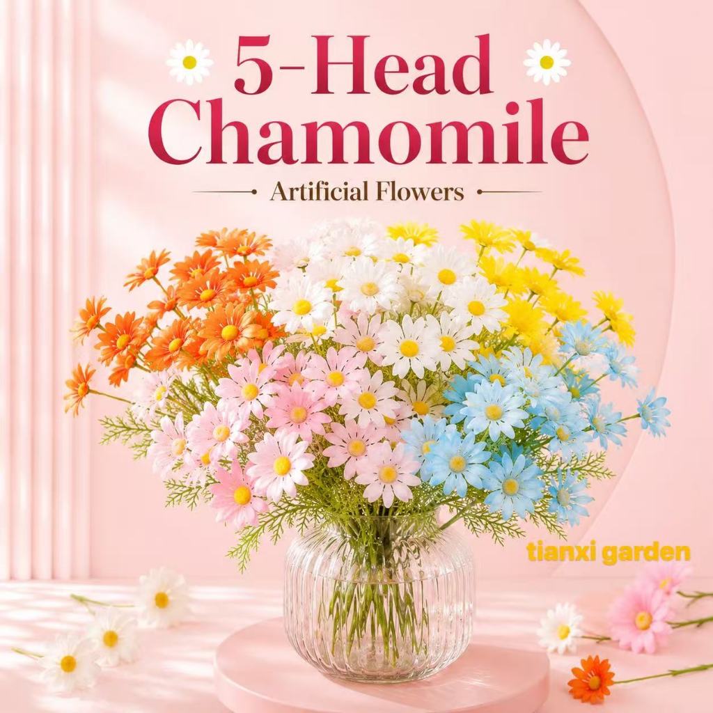 5 Head Chamomile Artificial Flowers Bunga Tiruan Spun Silk Fake Daisy Wedding Decor Home Decoration DIY Bouquet 仿真花