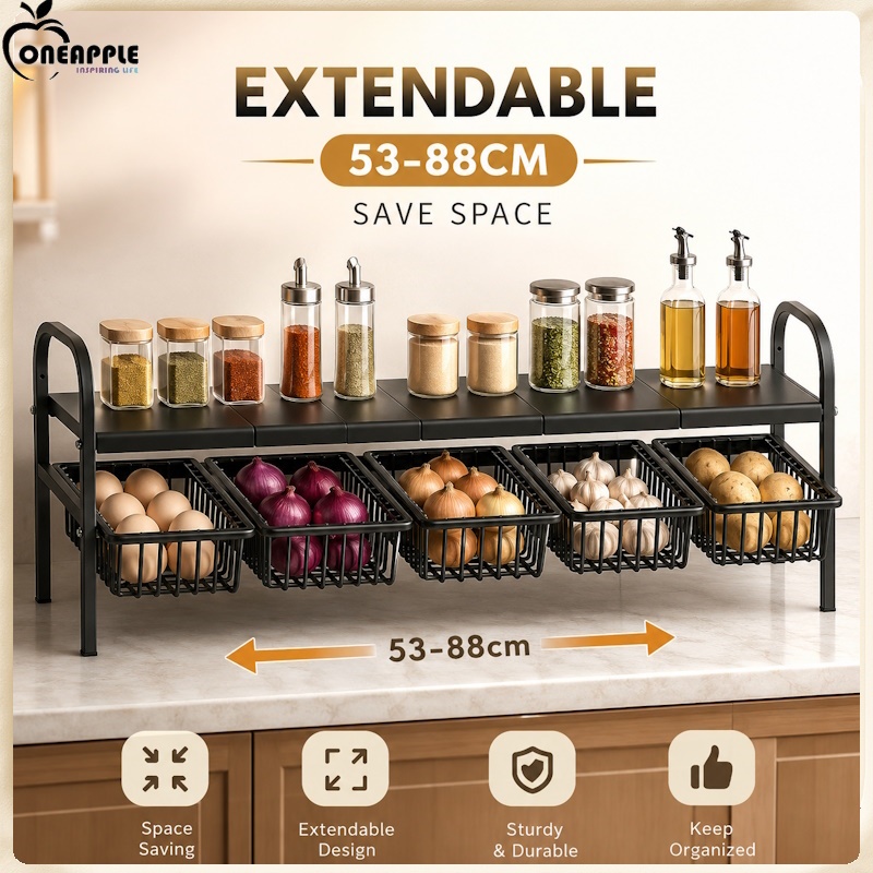 ONEAPPLE Expandable Under Sink Storage Rack Kitchen Organizer Adjustable Rak Bawang Metal Shelf Bathroom Countertop