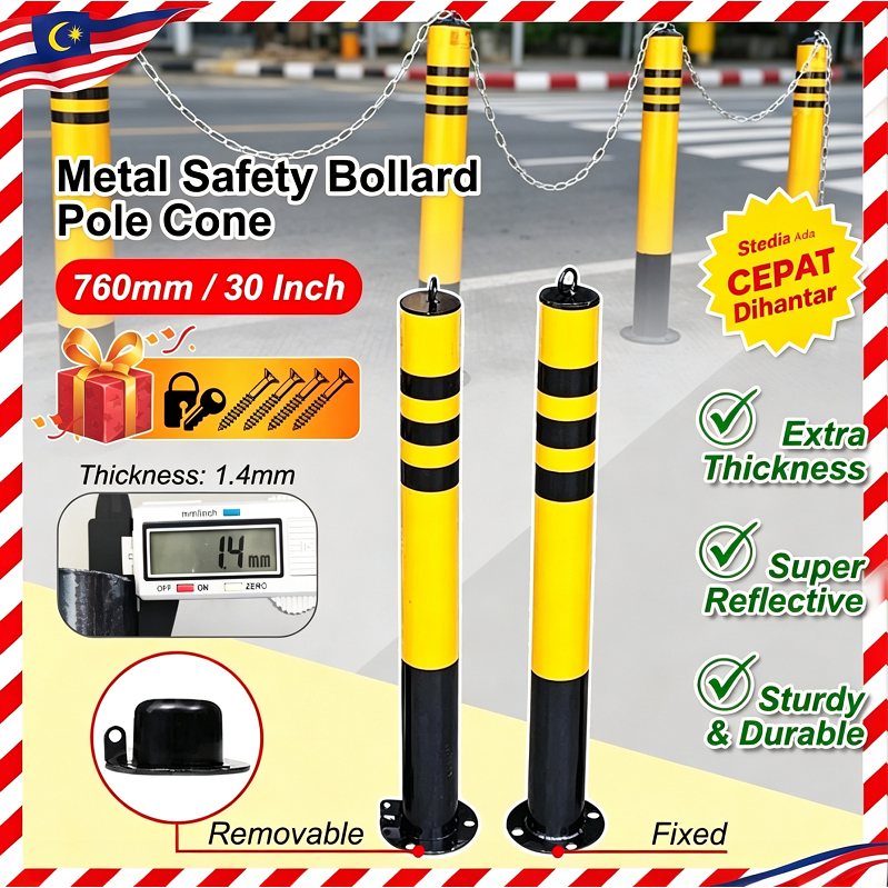[COD] 30Inch-Metal Safety Bollard Pole Cone Reflective Strap Ring Type Detachable Key Lock Screw Set Parking Post
