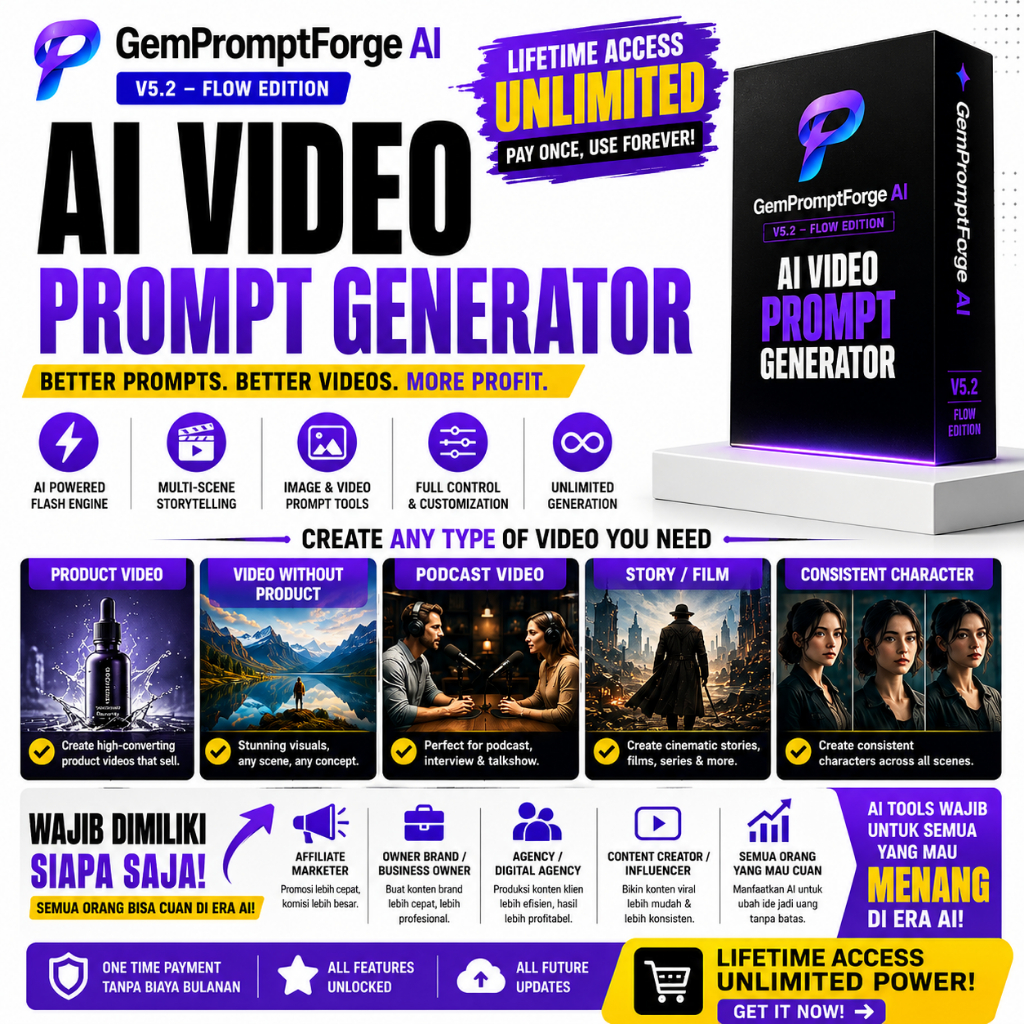 AI VIDEO PROMPT GENERATOR UNLIMITED | Storyboard, Buat Karakter AI, Flow, UGC, Affiliate Product
