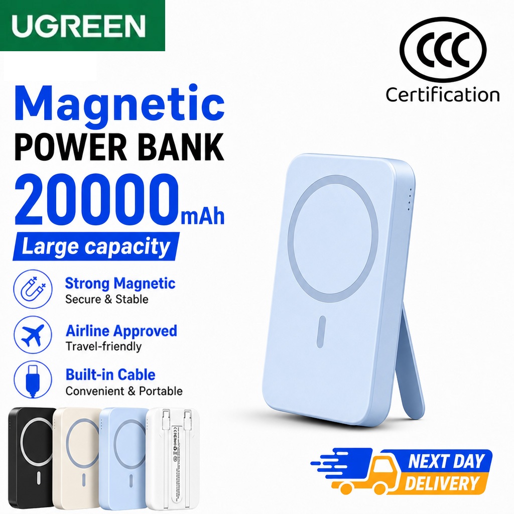 【3C+Qi2 Certified】UGREEN Magnetic PowerBank 20000mAh Wireless Fast Charging PD22.5W Built-in Cable Stand Android Apple