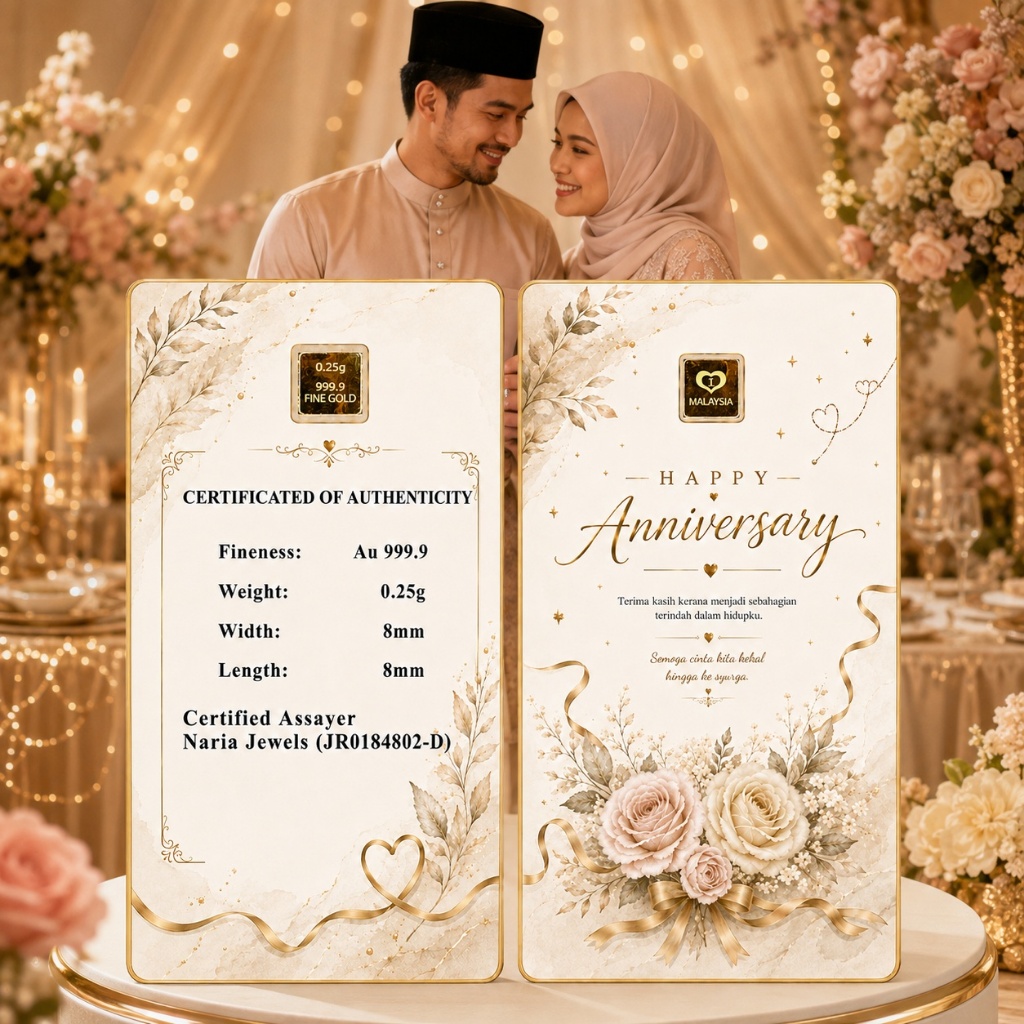 Naria 999.9/24K Gold Bar 0.25gm Happy Anniversary Design Edisi Ulang Tahun Emas&hellip;