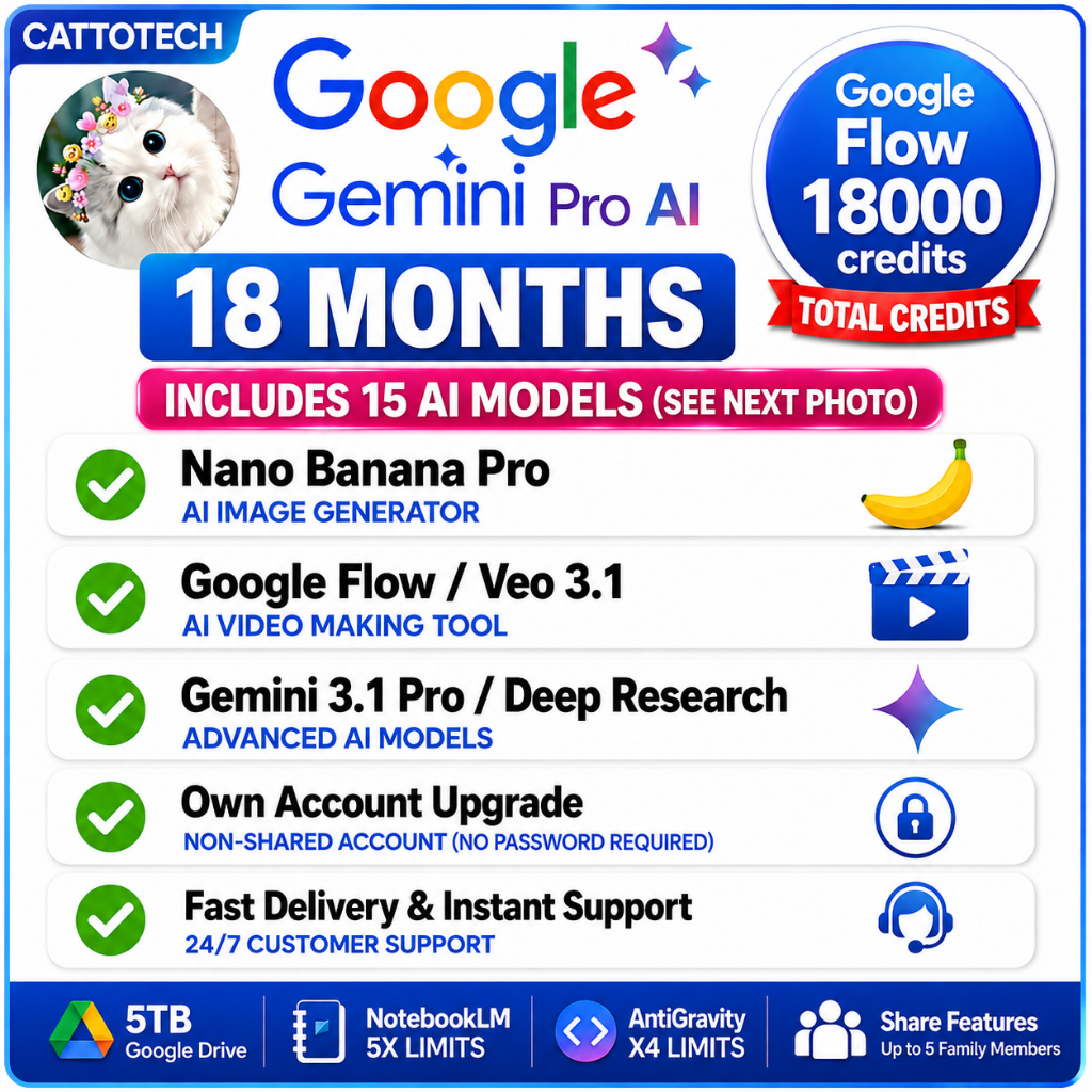 [NEW] Google AI Pro 18 Months, Gemini AI Pro, Google Flow 1000 credits Video, Veo, Nano Banana Pro, Own Account Upgrade