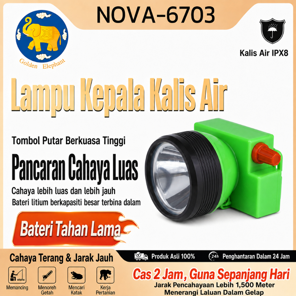Golden Elephant Lampu Kepala LED 15W Boleh Cas Semula, Kalis Air, Super Terang, Suis Putar, Menoreh, Memancing & Camping