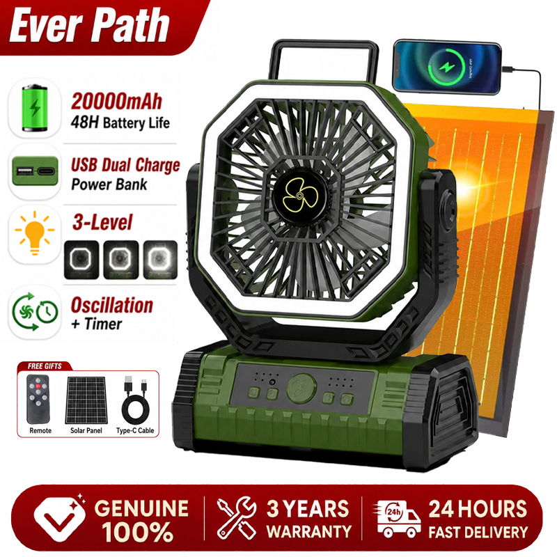 Camping Kipas Solar Fan 20000mAh Meja Bateri Tahan Lama With LED Light Table Portable Fan Strong Wind 风扇 露营风扇