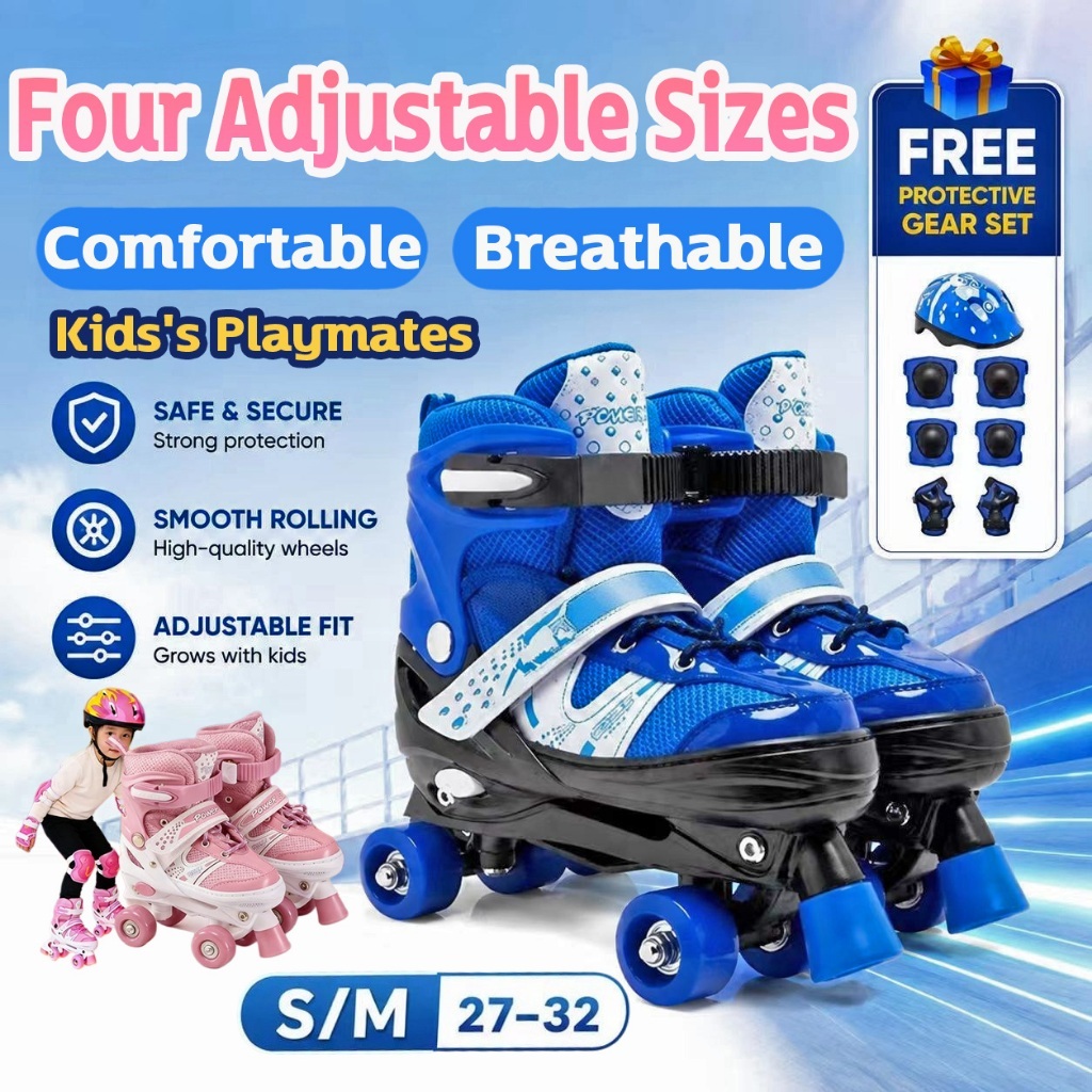 🔥Kids Roller Skate🔥9 in1 Roller Blade Four-speed Adjustable Double Row Roller Shoes 4 Wheel Kasut Roda Murah Pink+Blue